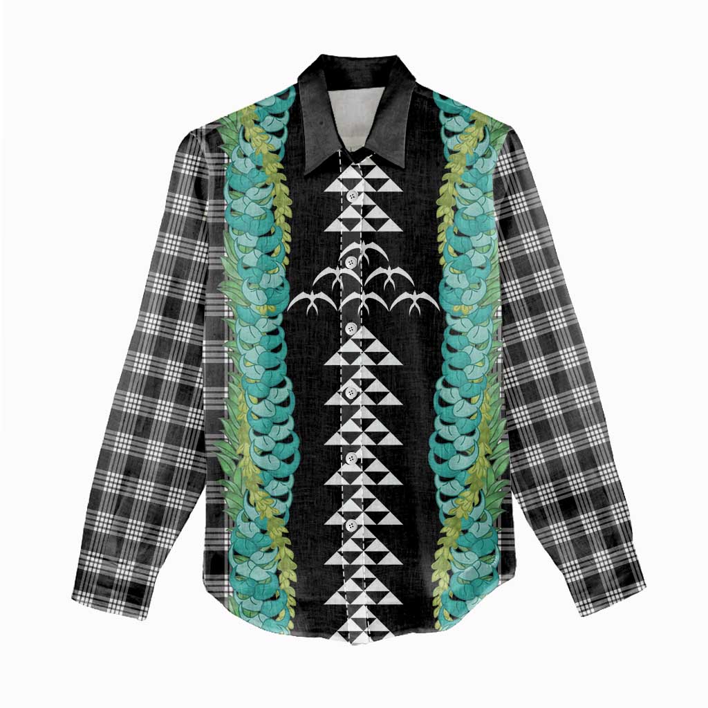 Black Palaka Hawaii Iwa Bird Women Casual Shirt Hawaiian Kakau Jade Vine Lei - Polynesian Pride