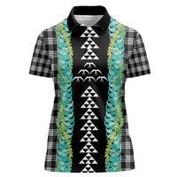 Black Palaka Hawaii Iwa Bird Women Polo Shirt Hawaiian Kakau Jade Vine Lei - Polynesian Pride