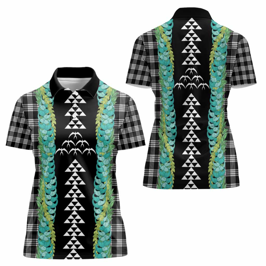 Black Palaka Hawaii Iwa Bird Women Polo Shirt Hawaiian Kakau Jade Vine Lei - Polynesian Pride