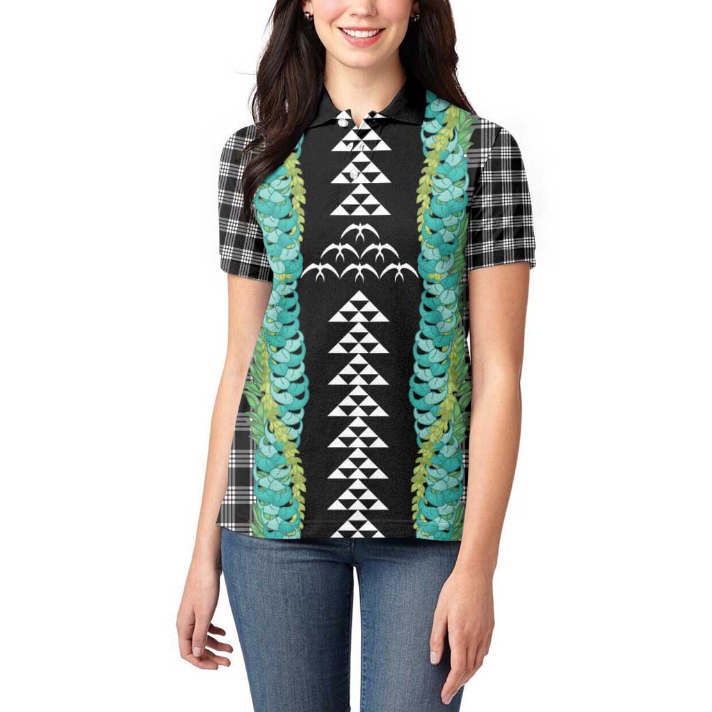 Black Palaka Hawaii Iwa Bird Women Polo Shirt Hawaiian Kakau Jade Vine Lei - Polynesian Pride