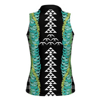 Black Palaka Hawaii Iwa Bird Women Sleeveless Polo Shirt Hawaiian Kakau Jade Vine Lei - Polynesian Pride