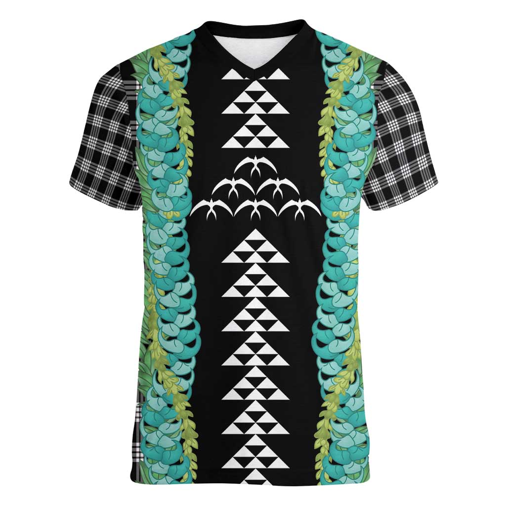 Black Palaka Hawaii Iwa Bird Women V-Neck T-Shirt Hawaiian Kakau Jade Vine Lei - Polynesian Pride
