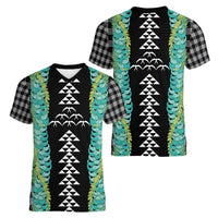 Black Palaka Hawaii Iwa Bird Women V-Neck T-Shirt Hawaiian Kakau Jade Vine Lei - Polynesian Pride