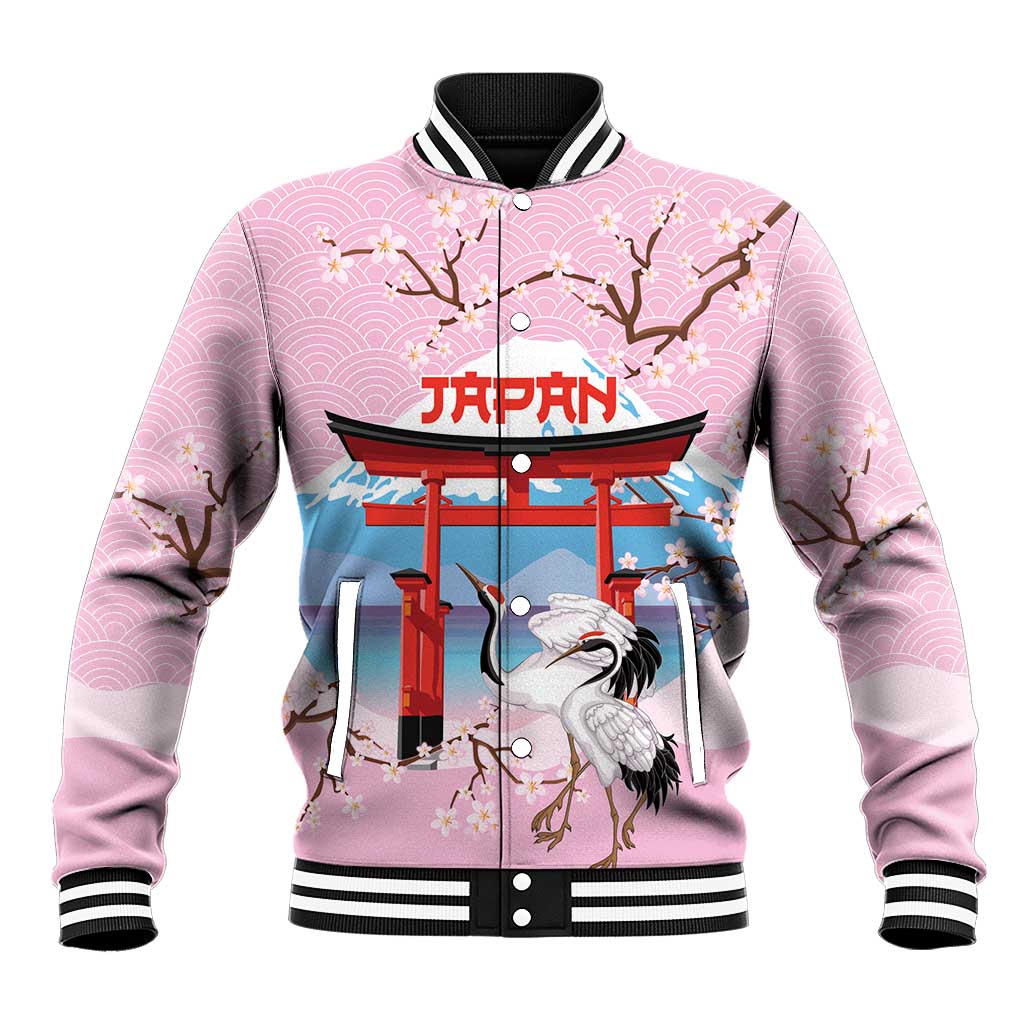 Japanese Torii Gate Cranes Personalised Baseball Jacket Fuji Mount Sakura Seigaiha Pattern