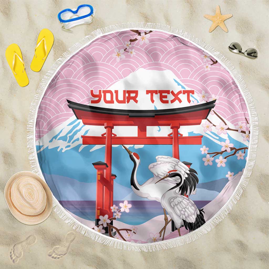 Japanese Torii Gate Cranes Personalised Beach Blanket Fuji Mount Sakura Seigaiha Pattern