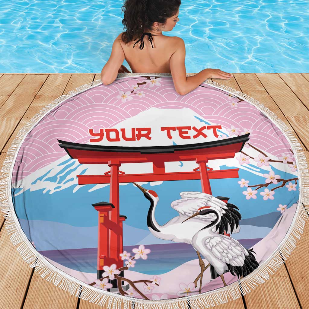 Japanese Torii Gate Cranes Personalised Beach Blanket Fuji Mount Sakura Seigaiha Pattern