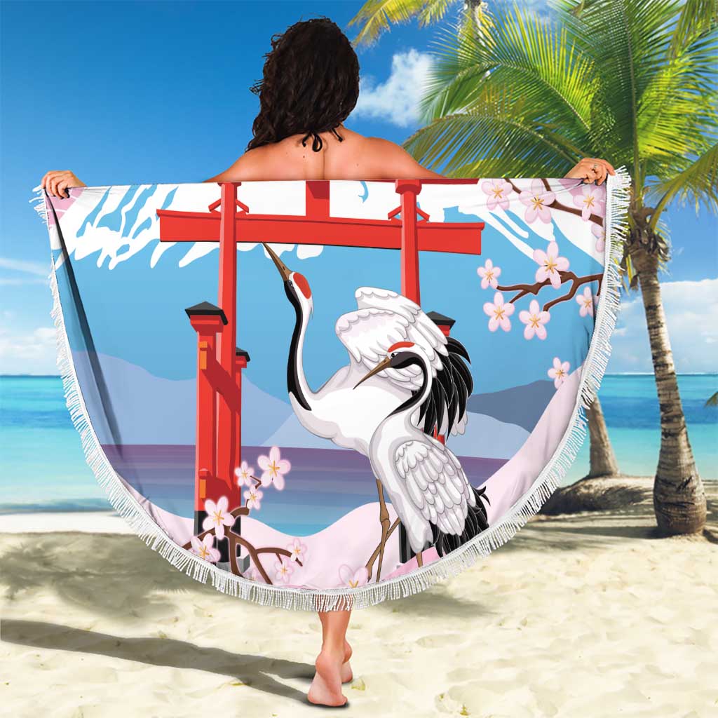 Japanese Torii Gate Cranes Personalised Beach Blanket Fuji Mount Sakura Seigaiha Pattern