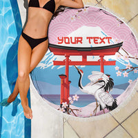 Japanese Torii Gate Cranes Personalised Beach Blanket Fuji Mount Sakura Seigaiha Pattern