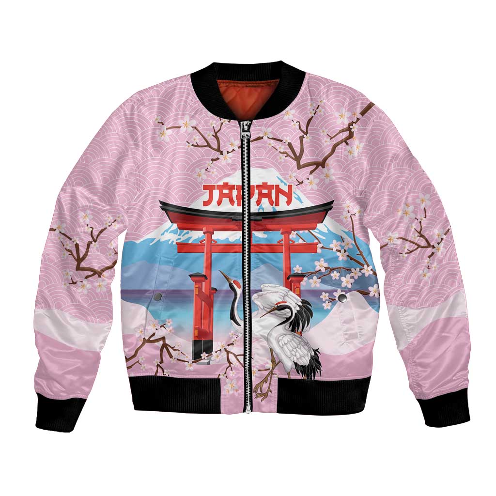Japanese Torii Gate Cranes Personalised Bomber Jacket Fuji Mount Sakura Seigaiha Pattern