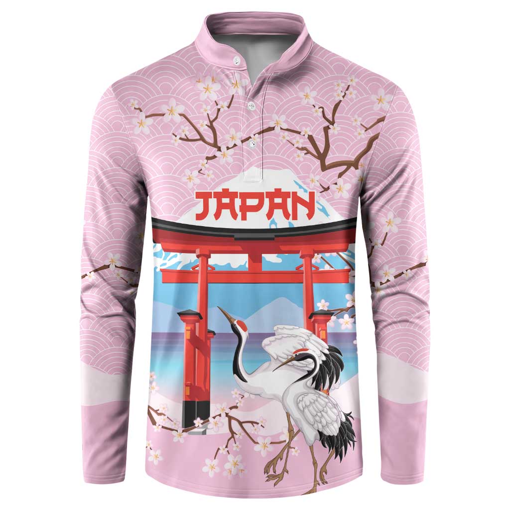 Japanese Torii Gate Cranes Personalised Button Sweatshirt Fuji Mount Sakura Seigaiha Pattern LT14 Pink - Polynesian Pride