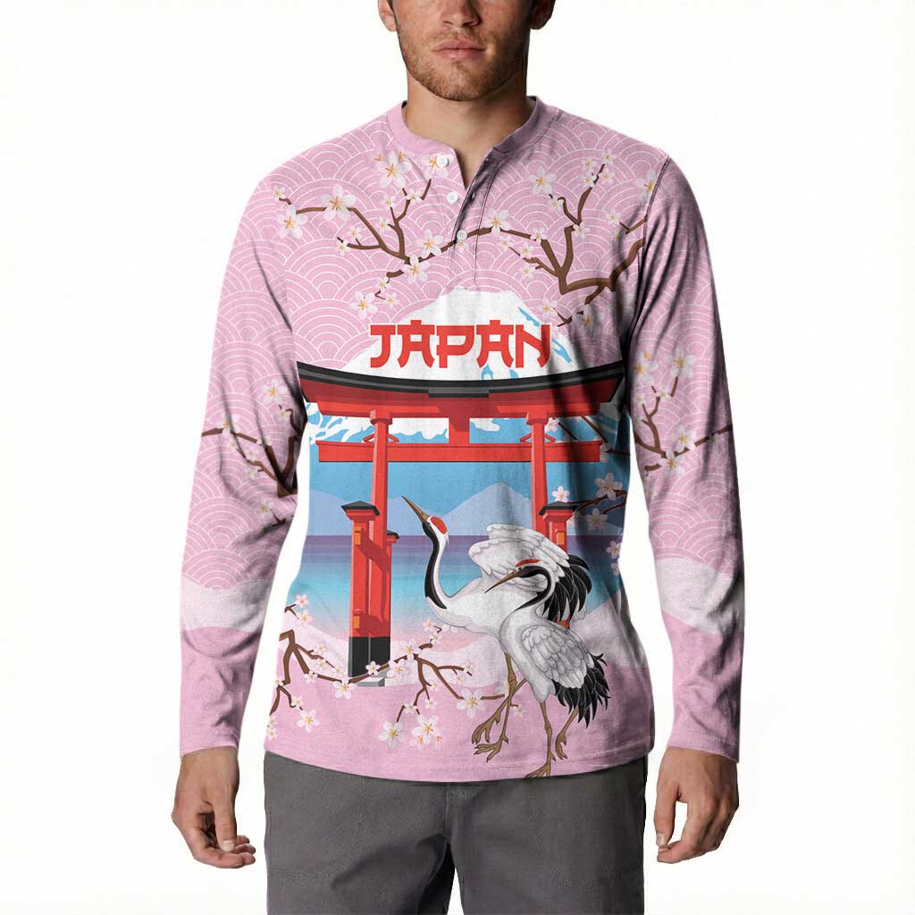 Japanese Torii Gate Cranes Personalised Button Sweatshirt Fuji Mount Sakura Seigaiha Pattern LT14 - Polynesian Pride