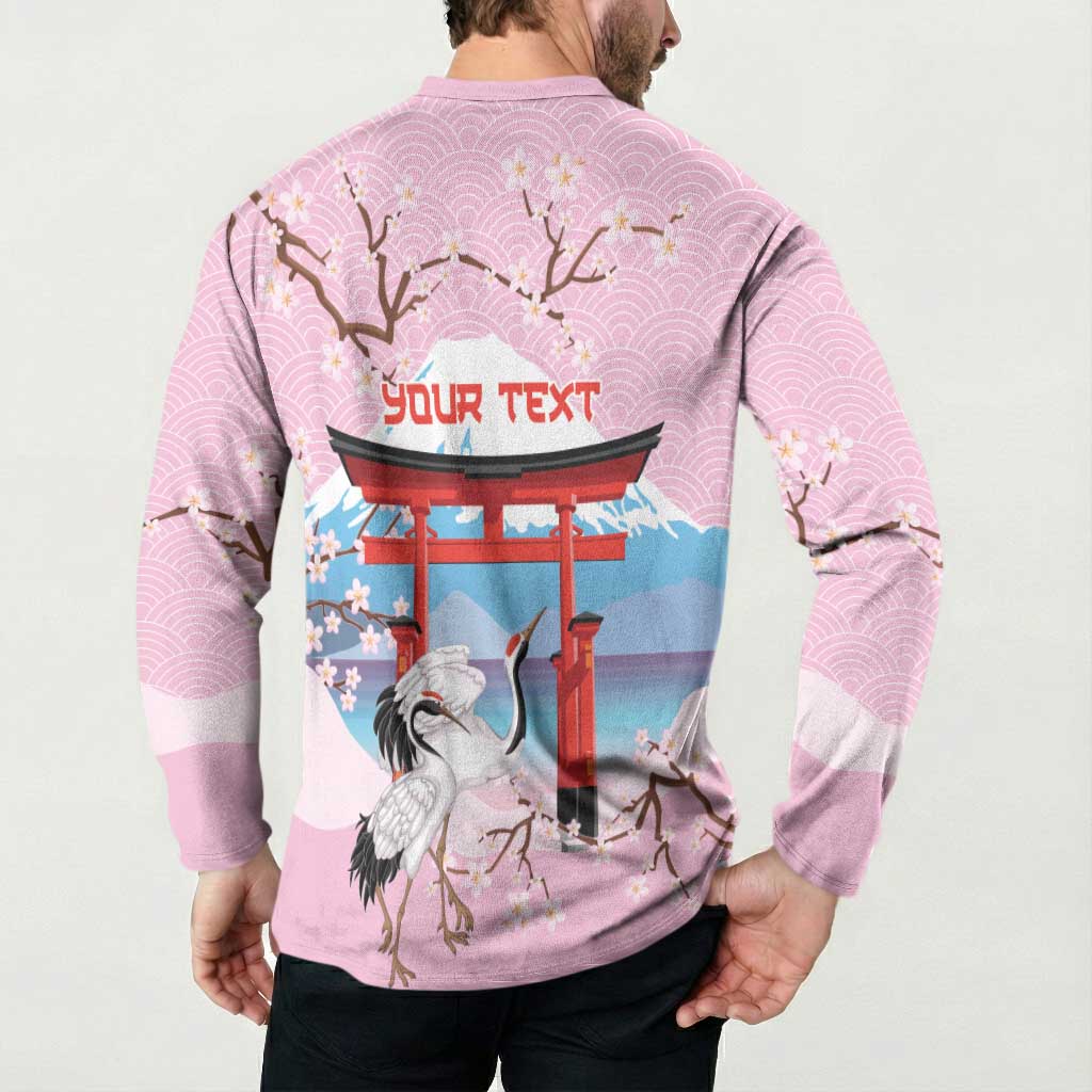 Japanese Torii Gate Cranes Personalised Button Sweatshirt Fuji Mount Sakura Seigaiha Pattern LT14 - Polynesian Pride