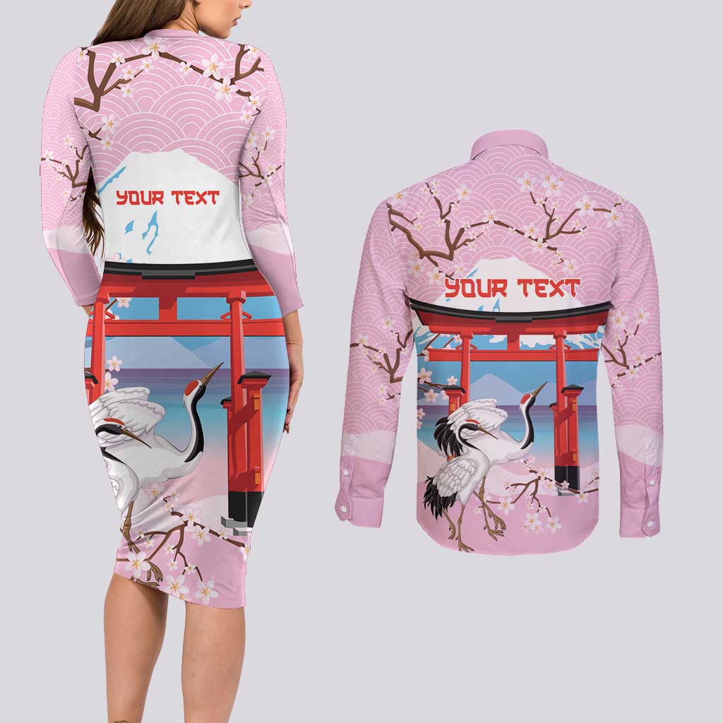 Japanese Torii Gate Cranes Personalised Couples Matching Long Sleeve Bodycon Dress and Long Sleeve Button Shirt Fuji Mount Sakura Seigaiha Pattern LT14 - Polynesian Pride