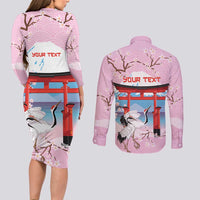 Japanese Torii Gate Cranes Personalised Couples Matching Long Sleeve Bodycon Dress and Long Sleeve Button Shirt Fuji Mount Sakura Seigaiha Pattern LT14 - Polynesian Pride
