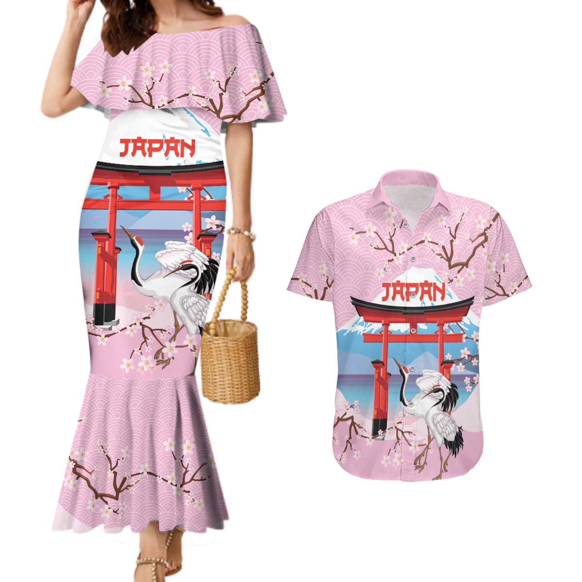 Japanese Torii Gate Cranes Personalised Couples Matching Mermaid Dress and Hawaiian Shirt Fuji Mount Sakura Seigaiha Pattern LT14 Pink - Polynesian Pride