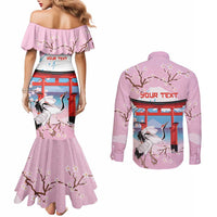 Japanese Torii Gate Cranes Personalised Couples Matching Mermaid Dress and Long Sleeve Button Shirt Fuji Mount Sakura Seigaiha Pattern