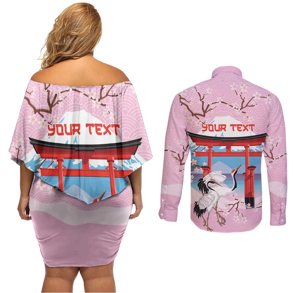Japanese Torii Gate Cranes Personalised Couples Matching Off Shoulder Short Dress and Long Sleeve Button Shirt Fuji Mount Sakura Seigaiha Pattern