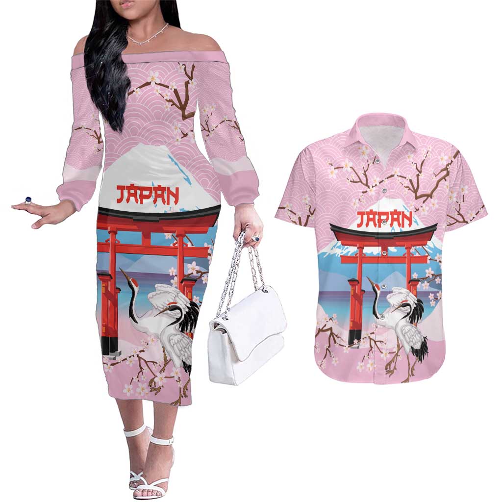 Japanese Torii Gate Cranes Personalised Couples Matching Off The Shoulder Long Sleeve Dress and Hawaiian Shirt Fuji Mount Sakura Seigaiha Pattern LT14 Pink - Polynesian Pride