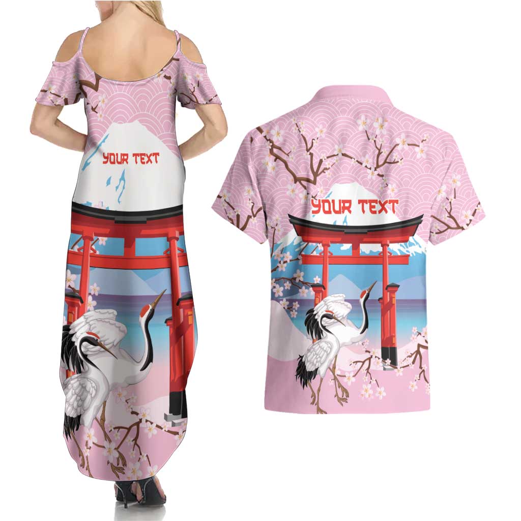 Japanese Torii Gate Cranes Personalised Couples Matching Summer Maxi Dress and Hawaiian Shirt Fuji Mount Sakura Seigaiha Pattern