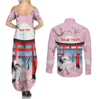 Japanese Torii Gate Cranes Personalised Couples Matching Summer Maxi Dress and Long Sleeve Button Shirt Fuji Mount Sakura Seigaiha Pattern