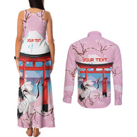 Japanese Torii Gate Cranes Personalised Couples Matching Tank Maxi Dress and Long Sleeve Button Shirt Fuji Mount Sakura Seigaiha Pattern