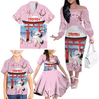 Japanese Torii Gate Cranes Personalised Family Matching Off The Shoulder Long Sleeve Dress and Hawaiian Shirt Fuji Mount Sakura Seigaiha Pattern