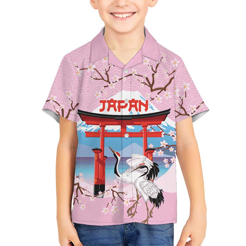 Japanese Torii Gate Cranes Personalised Family Matching Puletasi and Hawaiian Shirt Fuji Mount Sakura Seigaiha Pattern LT14 Son's Shirt Pink - Polynesian Pride
