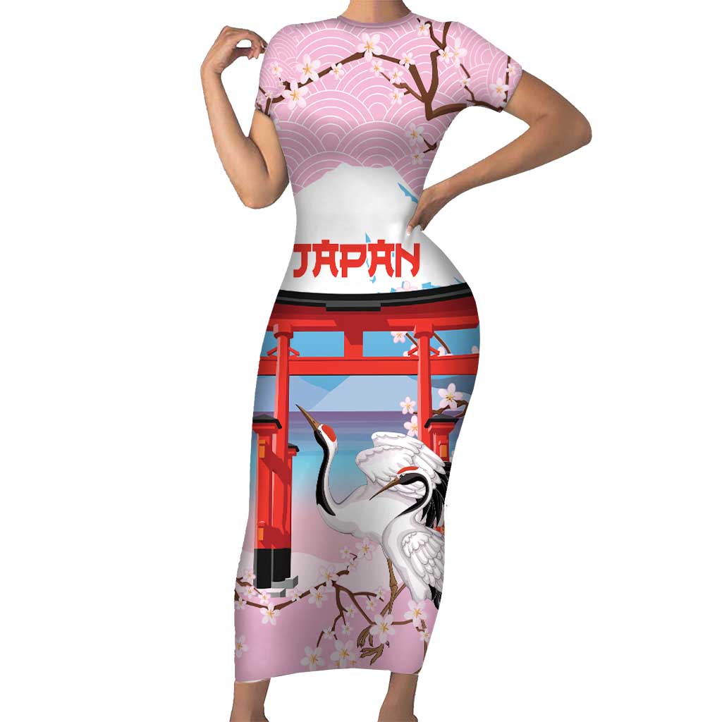Japanese Torii Gate Cranes Personalised Family Matching Short Sleeve Bodycon Dress and Hawaiian Shirt Fuji Mount Sakura Seigaiha Pattern