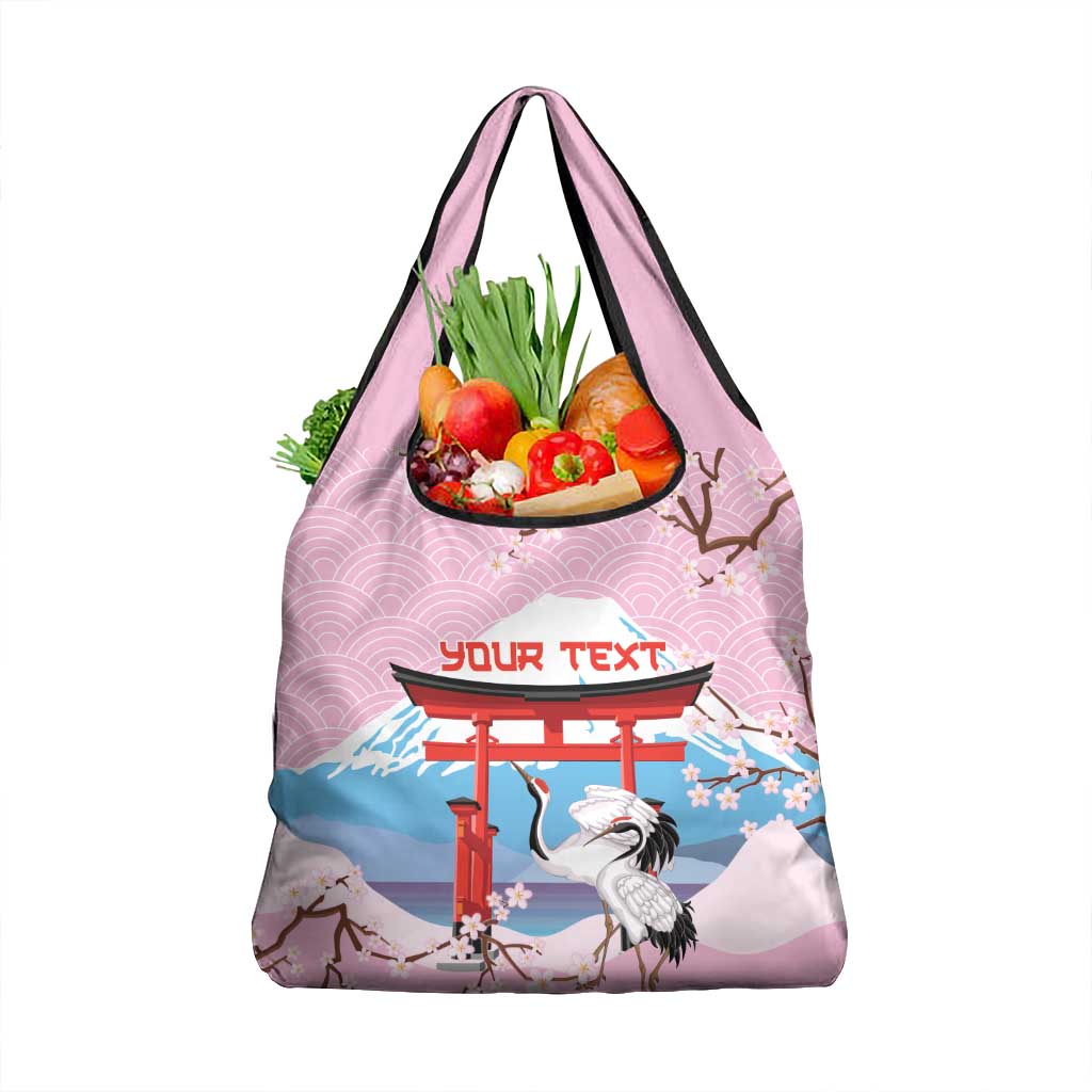Japanese Torii Gate Cranes Personalised Grocery Bag Fuji Mount Sakura Seigaiha Pattern