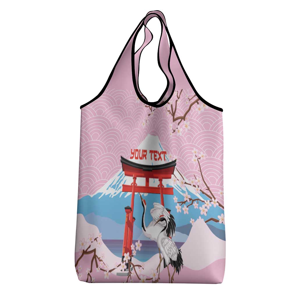 Japanese Torii Gate Cranes Personalised Grocery Bag Fuji Mount Sakura Seigaiha Pattern