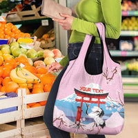 Japanese Torii Gate Cranes Personalised Grocery Bag Fuji Mount Sakura Seigaiha Pattern