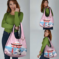 Japanese Torii Gate Cranes Personalised Grocery Bag Fuji Mount Sakura Seigaiha Pattern