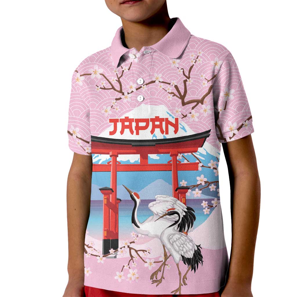 Japanese Torii Gate Cranes Personalised Kid Polo Shirt Fuji Mount Sakura Seigaiha Pattern LT14 Kid Pink - Polynesian Pride