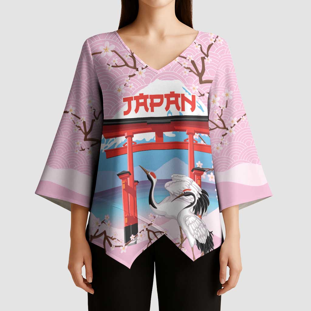 Japanese Torii Gate Cranes Personalised Kimono Sleeve Blouse Fuji Mount Sakura Seigaiha Pattern LT14 - Polynesian Pride