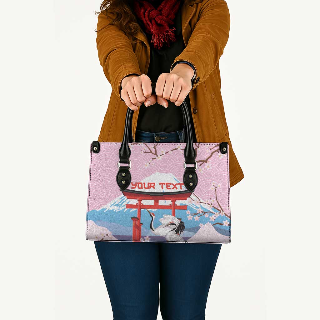 Japanese Torii Gate Cranes Personalised Leather Bag Fuji Mount Sakura Seigaiha Pattern