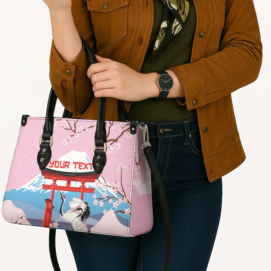 Japanese Torii Gate Cranes Personalised Leather Bag Fuji Mount Sakura Seigaiha Pattern