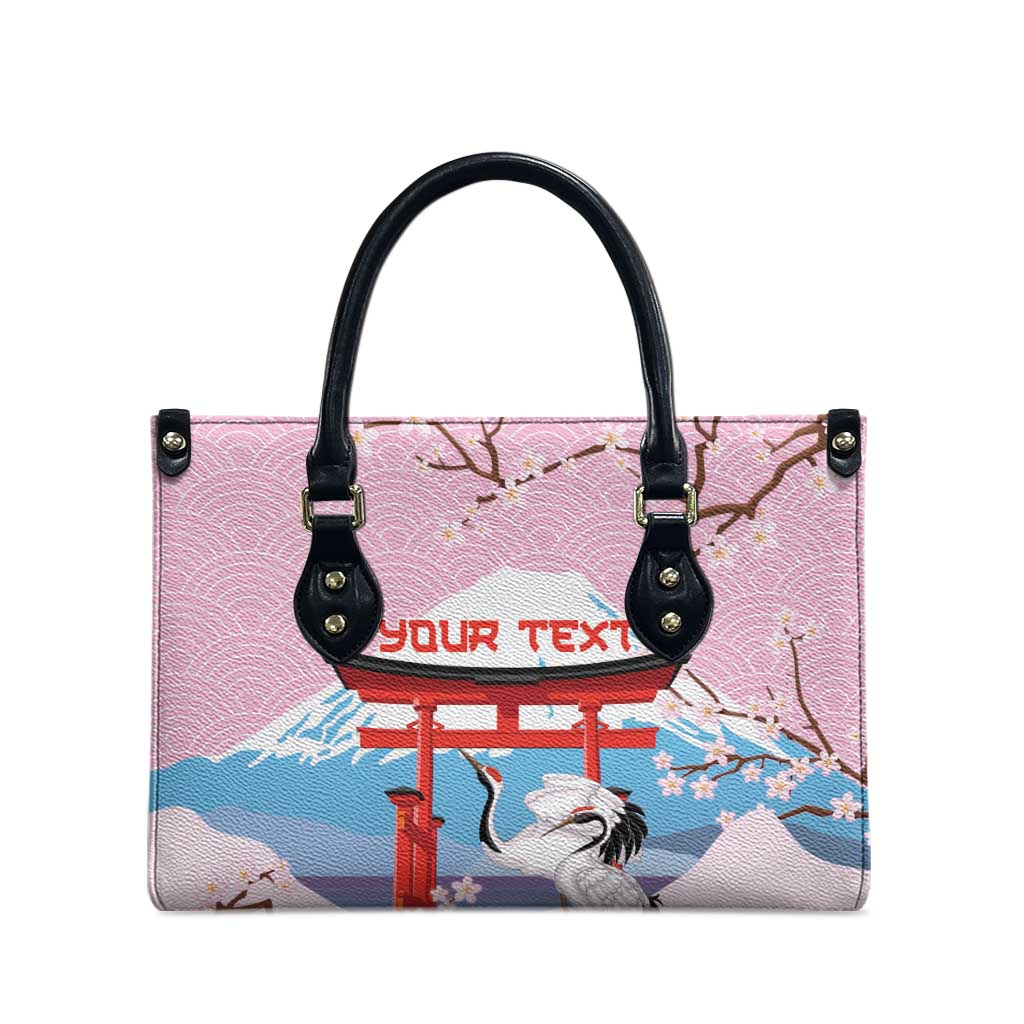 Japanese Torii Gate Cranes Personalised Leather Bag Fuji Mount Sakura Seigaiha Pattern