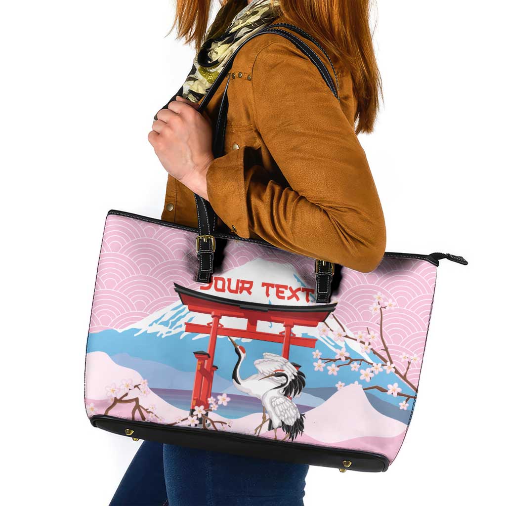 Japanese Torii Gate Cranes Personalised Leather Tote Bag Fuji Mount Sakura Seigaiha Pattern