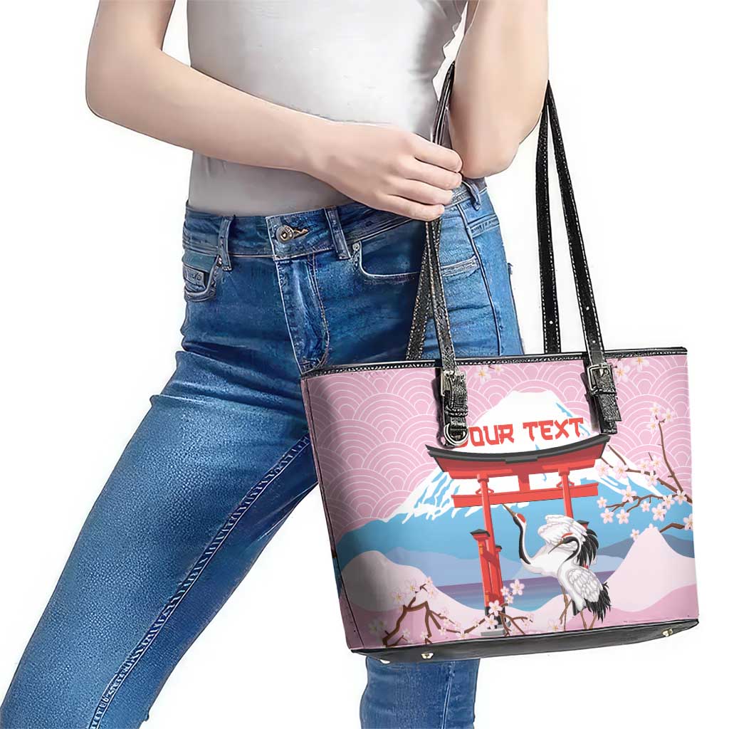 Japanese Torii Gate Cranes Personalised Leather Tote Bag Fuji Mount Sakura Seigaiha Pattern