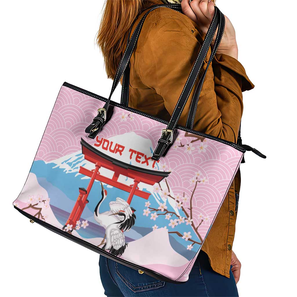 Japanese Torii Gate Cranes Personalised Leather Tote Bag Fuji Mount Sakura Seigaiha Pattern