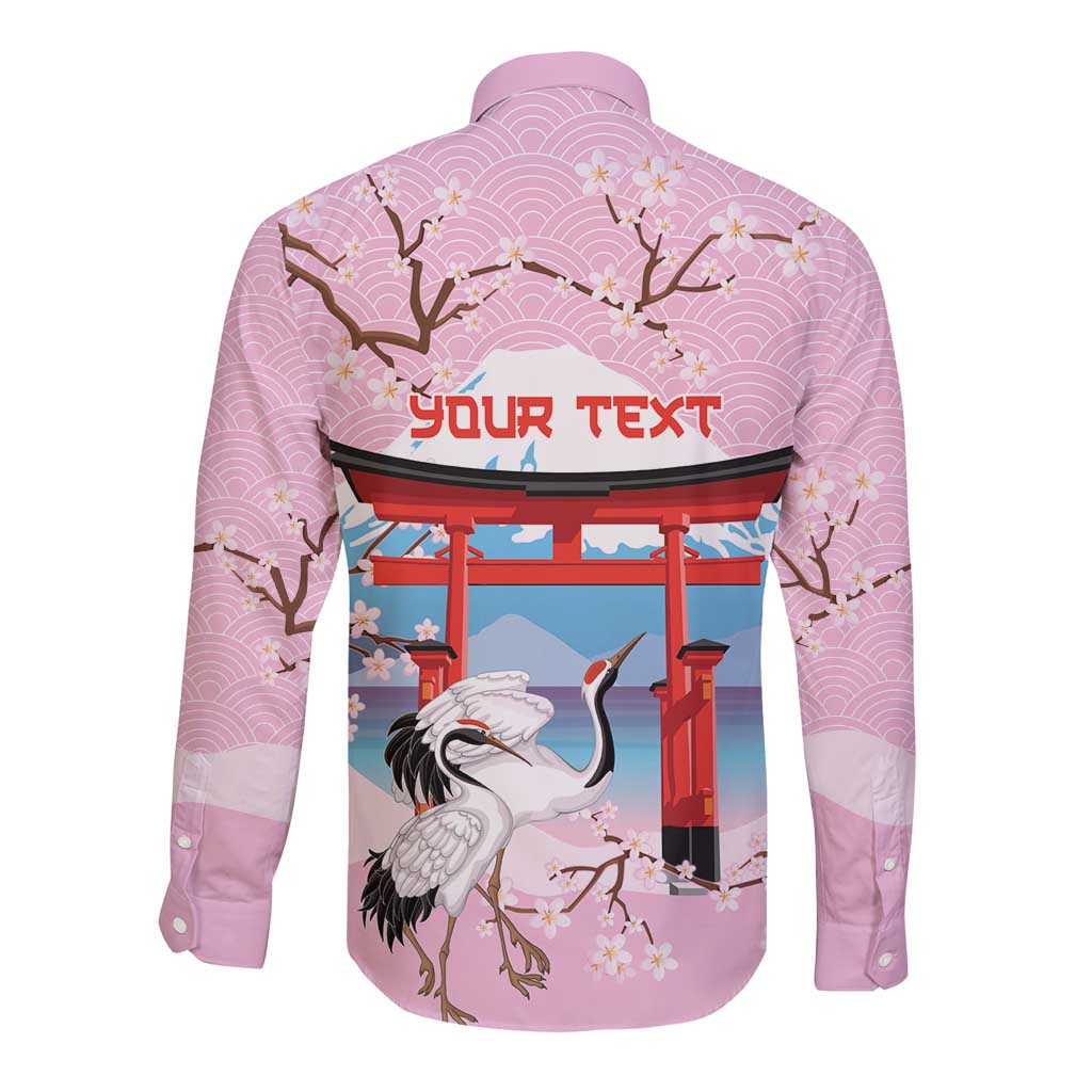 Japanese Torii Gate Cranes Personalised Long Sleeve Button Shirt Fuji Mount Sakura Seigaiha Pattern