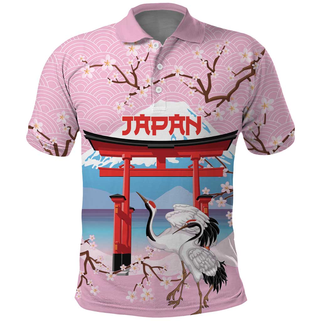Japanese Torii Gate Cranes Personalised Polo Shirt Fuji Mount Sakura Seigaiha Pattern LT14 Pink - Polynesian Pride
