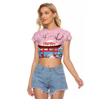 Japanese Torii Gate Cranes Personalised Raglan Cropped T Shirt Fuji Mount Sakura Seigaiha Pattern LT14 Female Pink - Polynesian Pride