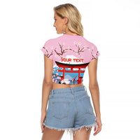 Japanese Torii Gate Cranes Personalised Raglan Cropped T Shirt Fuji Mount Sakura Seigaiha Pattern LT14 - Polynesian Pride