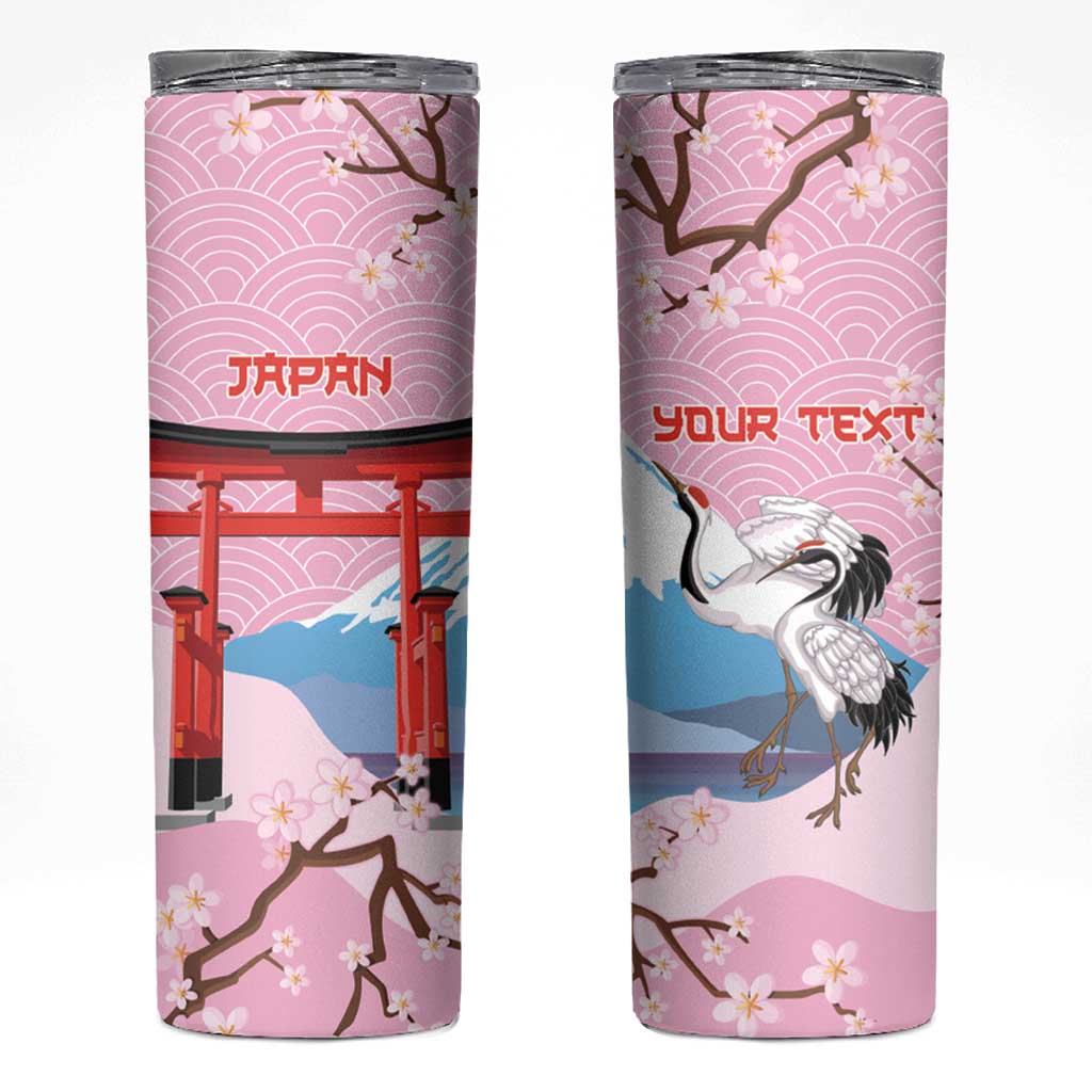 Japanese Torii Gate Cranes Personalised Skinny Tumbler Fuji Mount Sakura Seigaiha Pattern LT14 Pink - Polynesian Pride