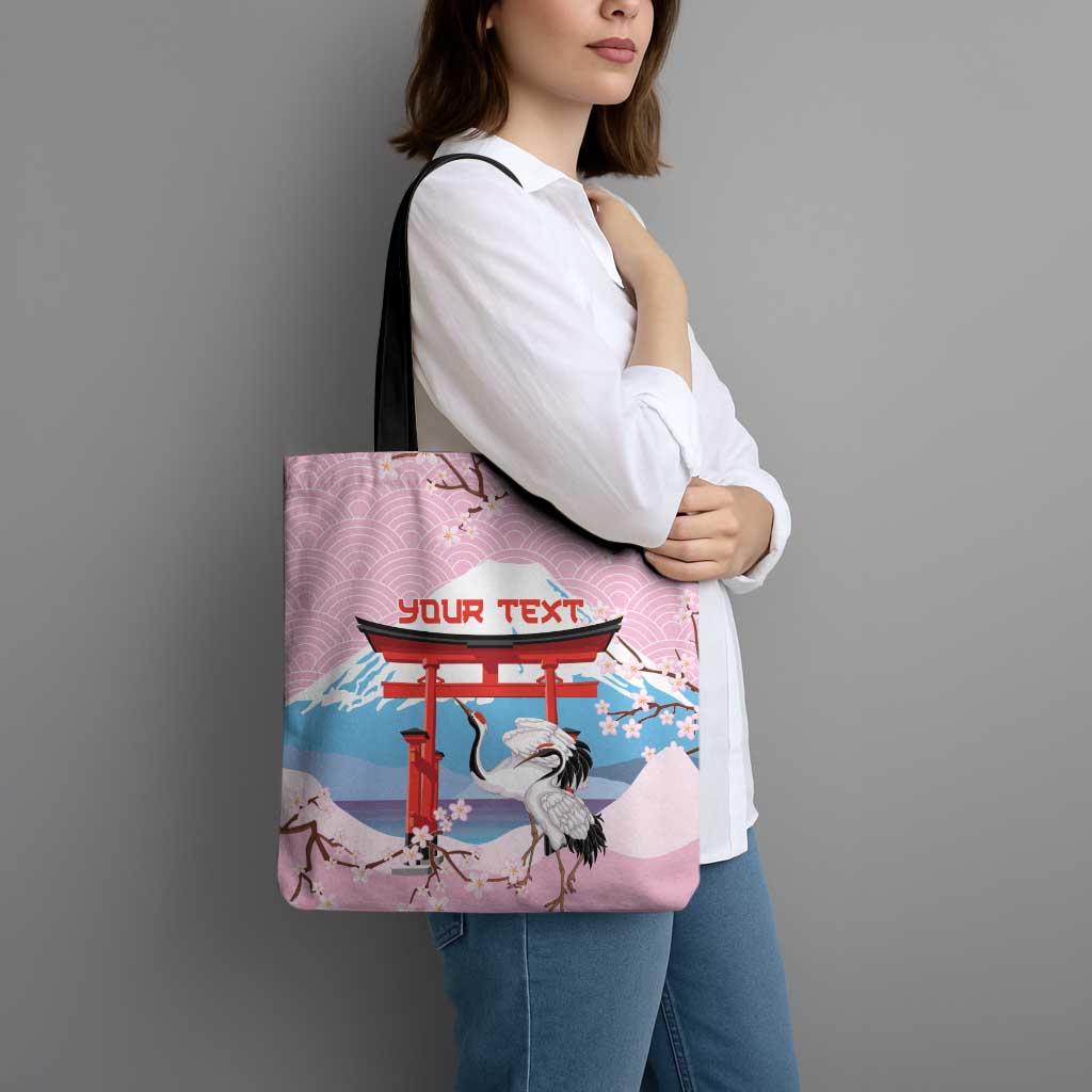 Japanese Torii Gate Cranes Personalised Tote Bag Fuji Mount Sakura Seigaiha Pattern