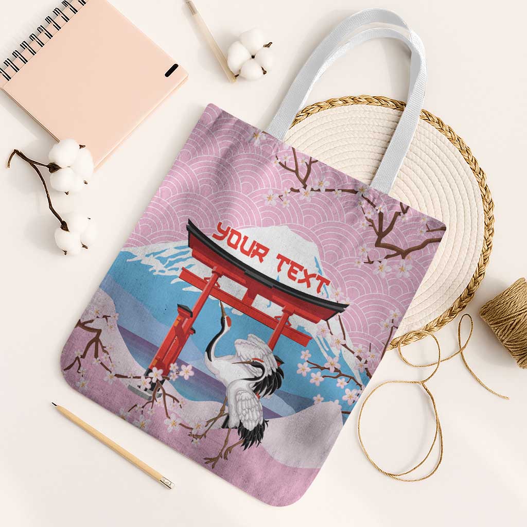 Japanese Torii Gate Cranes Personalised Tote Bag Fuji Mount Sakura Seigaiha Pattern