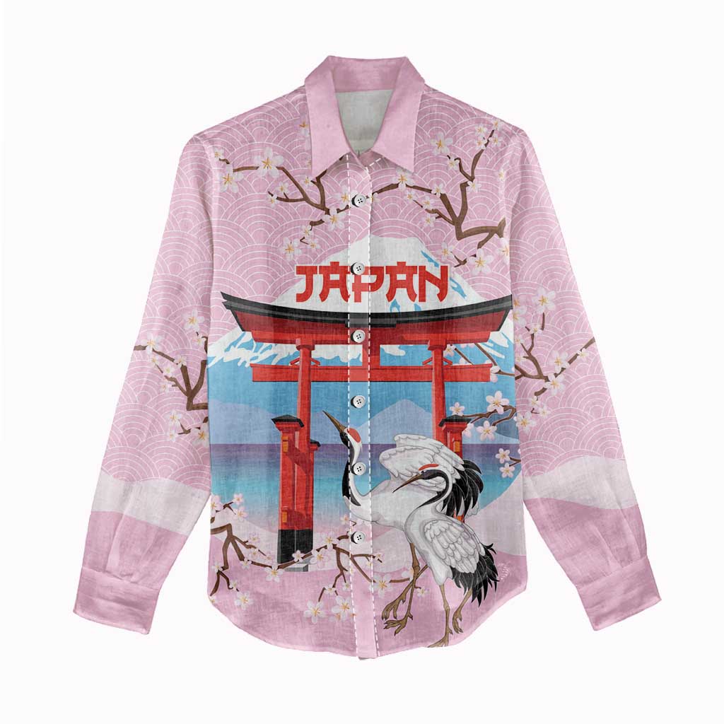 Japanese Torii Gate Cranes Personalised Women Casual Shirt Fuji Mount Sakura Seigaiha Pattern