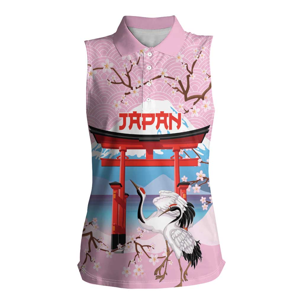 Japanese Torii Gate Cranes Personalised Women Sleeveless Polo Shirt Fuji Mount Sakura Seigaiha Pattern
