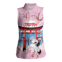 Japanese Torii Gate Cranes Personalised Women Sleeveless Polo Shirt Fuji Mount Sakura Seigaiha Pattern
